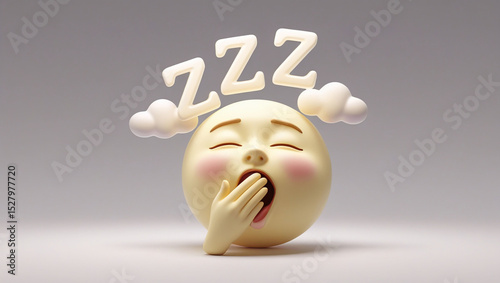 A sleepy emoji yawning with zzzs above its head and clouds on a gray background in a studio shot