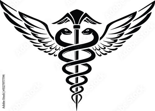 Vector Caduceus symbol with distinct wings and intertwined snakes for health and medical designs silhouette vector