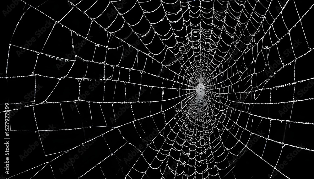 Naklejka premium A detailed spider web glistening with water droplets against a black backdrop