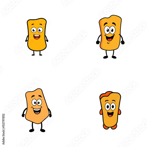 Four cartoon characters of golden rectangles with faces arms and legs on a white background smiling