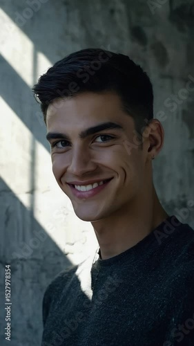 Handsome young man gradually smiling, radiating happiness and confidence, natural light highlighting chiseled features against textured wall backdrop