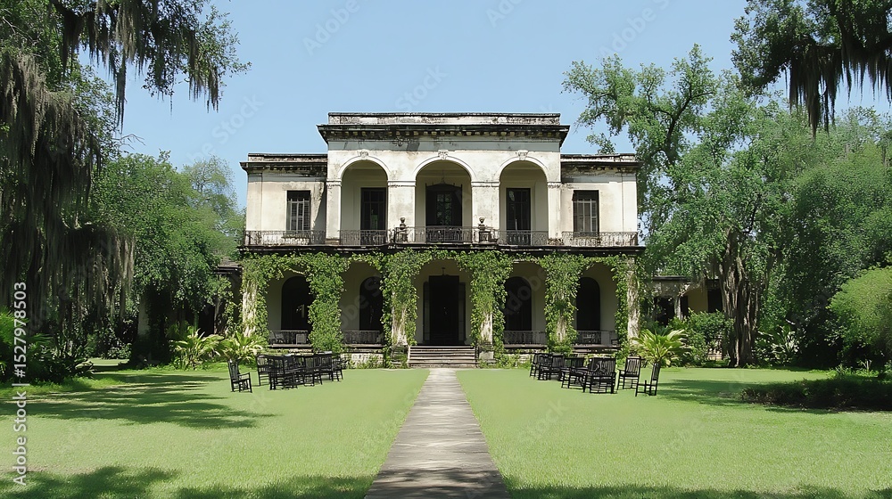 Obraz premium Historic Southern Mansion with Lush Greenery and Elegant Architectural Details