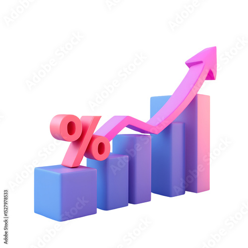 3d render of a percentage symbol with an upward trend financial growth chart PNG file isolated on transparent background cut out, clipping path, social media,Advertisement,high quality, HD photo.