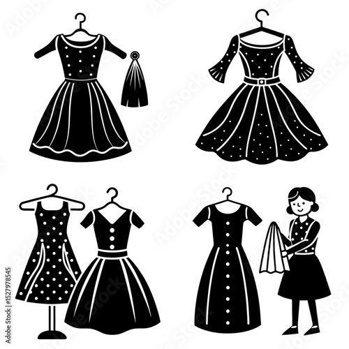 Collection of dresses on hangers and a woman holding a dress in a black and white illustration