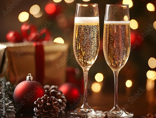Festive Champagne Glasses by Christmas Tree