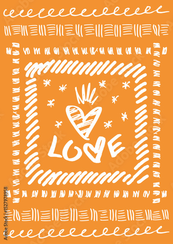 Decorative card, poster with handwritten elements - declaration of love. A4 format. White image on an yellow background. Doodles and squiggles. Vector illustration