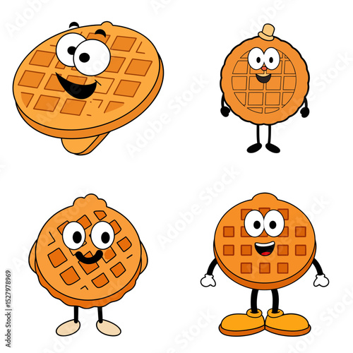 Cartoon waffles with faces and limbs in various poses on a white background in a vector style image