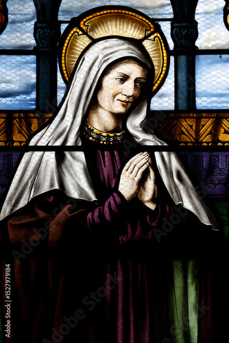 Saint Marien church.  Stained glass. Saint Monica was the mother of Saint Augustine. Mezilles. France. photo