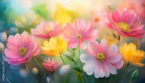 Wallpaper Mural bright hues of pink yellow and green blend together in an abstract depiction of flowers the soft strokes create a dreamy garden atmosphere evoking feelings of spring Torontodigital.ca