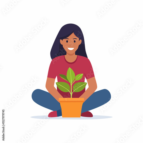 Nurturing Growth: A woman cradles a young plant, a symbol of care and the nurturing of life and potential. It is a representation of growth.