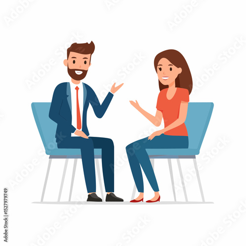 Business Meeting Illustration: Two business professionals engaged in conversation, sitting on chairs, showcasing a collaborative and professional atmosphere. 