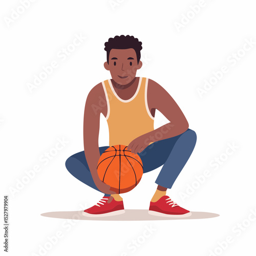 Basketball Player Ready: A young individual, positioned in a low squat, holds a basketball, exuding a readiness for action and the spirit of sports.