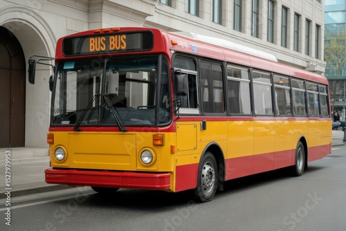 a yellow and red bus with the word bus on the front, with empty blank space for text copy space or mockup design, high detail, 8k