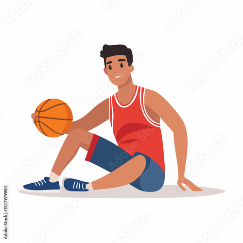 Basketball Player with ball : In a stylized illustration, a basketball player sits on the ground, his form exuding the grace and discipline of the sport. with the warm.