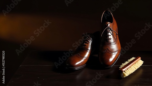 Elegant brown leather brogue shoes with a shoe brush on a dark wooden surface