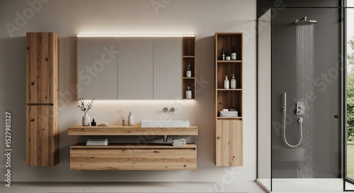 Modern bathroom interior with wooden vanity and glass shower enclosure