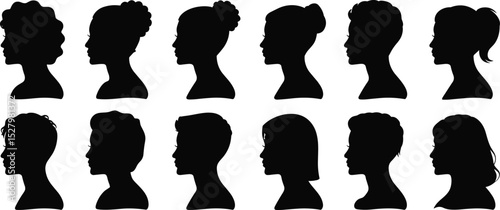 Female and male head silhouette profile set, black vector illustration, diverse hairstyle side views for people icon collection design