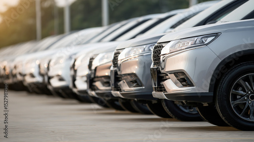Shiny new cars lined up in a dealership, showcasing modern automotive elegance and sleek design.