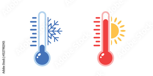 Street thermometer sign with two thermometers showing cold and hot temperatures. Represents weather forecast, high summer heat, frost, and snow. Flat vector design for seasonal weather illustration.