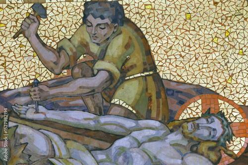 Way of the cross. 11th Station: Jesus is nailed to the Cross.  Annecy. France.