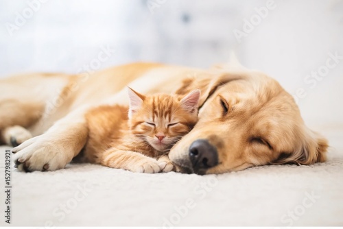 Wallpaper Mural Adorable Golden Retriever and Orange Tabby Kitten Sleeping Peacefully Together, Showcasing Comfort, Friendship, and the Heartwarming Bond Between Pets in a Serene and Cozy Moment Torontodigital.ca