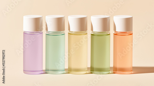 Five colorful liquid spray bottles, ideal for beauty or hair products. The colors are soft pastel shades of blue-green, rose pink, pastel green, light purple, and soft orange,spray pump,mockup,citrus.