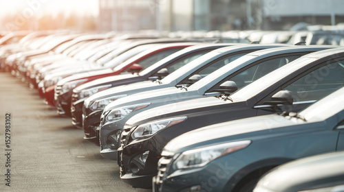 Shiny new cars lined up in a dealership, showcasing modern automotive elegance and sleek design.