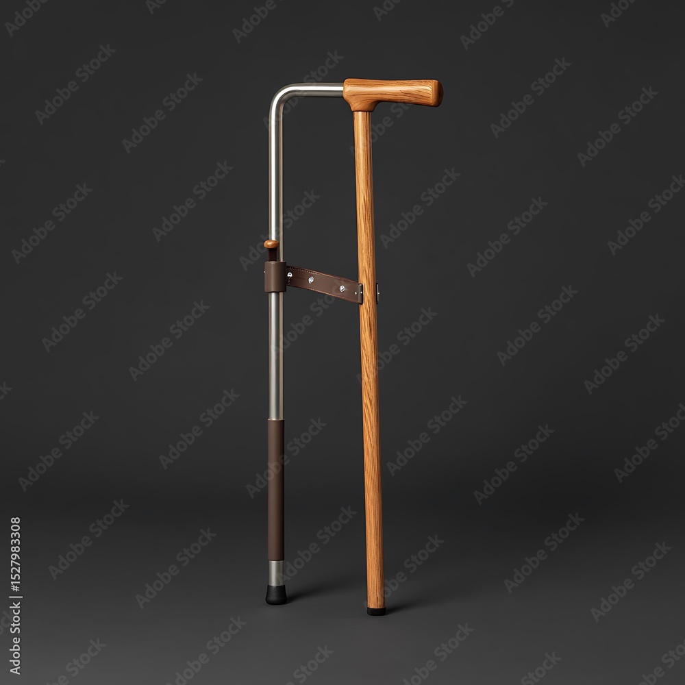 Modern wooden and metal walking cane with leather strap Modern wooden and metal walking cane with leather strap