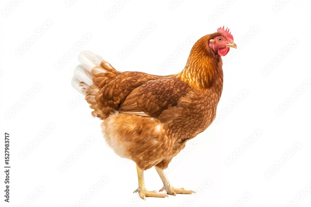 Fototapeta premium Brown Chicken Standing on a White Background with Red Comb and White Tail Feathers, Showcasing Classic Farm Livestock, Rural Agricultural Beauty, and Traditional Poultry Charm in a Minimalist Portrait