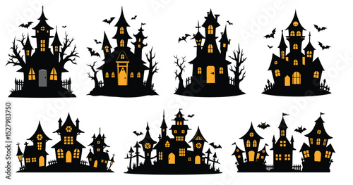 set of silhouettes of haunted houses, haunted house, black cats, bats, tree, pumpkins, witch hat ,spider web, halloween pumpkin, night, moon, holiday,  horror, scary