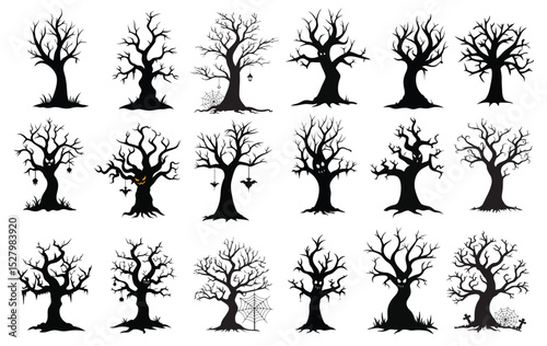 A set with  of Halloween tree silhouettes with twisted, eerie, leafless branches in various creepy shapes.