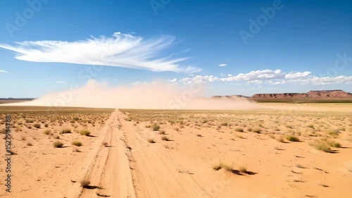 Dust cloud moving across an arid, dry desert landscape with a visible dirt road leading into distance under a bright, blue sky.
