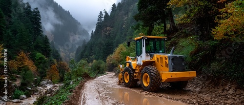 an all wheel drive tractor navigates through a muddy road flanked by forested areas during what appears to be a rainy day, with overcast skies providing a soft light to the scene