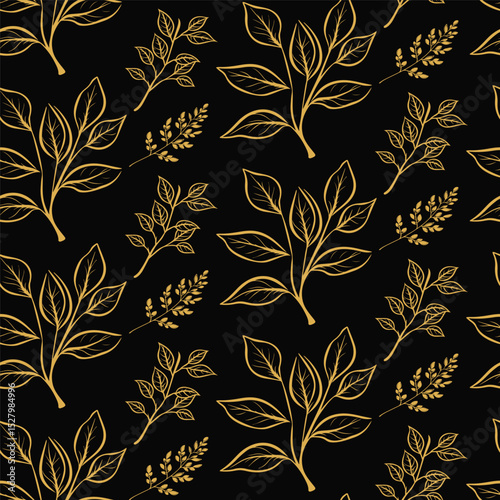 Minimalist seamless pattern with delicate golden outline branches on a black background. A sophisticated and clean line art design for luxurious stationery and branding.