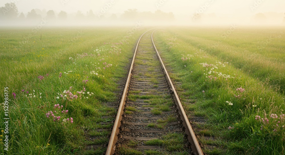 Obraz premium Misty morning scene with train tracks disappearing into the fog and green fields