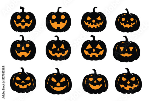 A black silhouette of a 6 Halloween pumpkins flat vector style with a plain white background. Halloween theme, simple and iconic design.