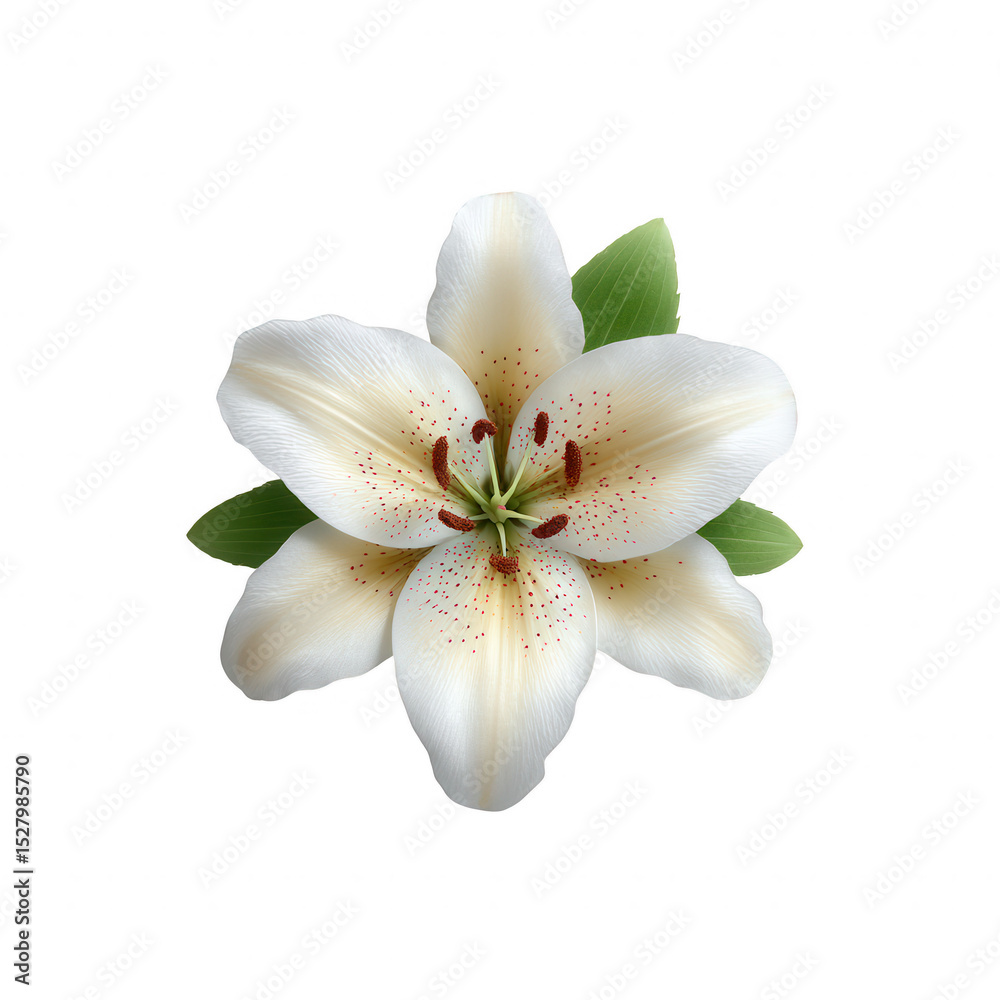Obraz premium A beautiful white lily flower with subtle reddish spots, surrounded by green leaves, isolated on a white background, perfect for decoration or floral arrangements.