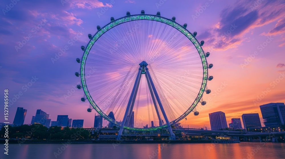 Obraz premium a green and blue ferris wheel against sunset sky