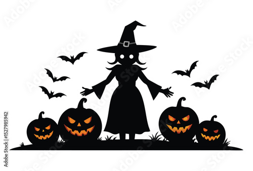 Halloween vector with witch’s, pumpkins, witch hat ,spider web, Halloween pumpkin, night, moon, holiday,  horror, scary
