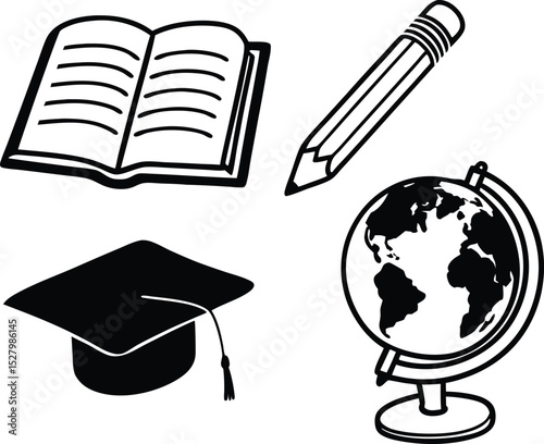 Education Essential Set Of Silhouette Vector ,globe and books