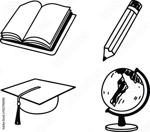 Education Essential Set Of Silhouette Vector ,book and pencil