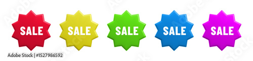 Vector cartoon 3d Sale badge set. Color label starburst with text. Realistic 3d render online shop red, yellow, green, blue sticker. Cute design element for web, sale banner design, tag, advert, app.
