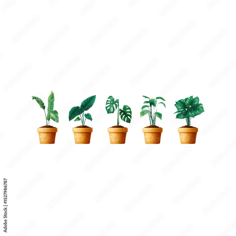 Obraz premium A collection of five decorative potted plants, showcasing vibrant green leaves and unique shapes, perfect for indoor decor or garden inspiration, isolated on a white background.