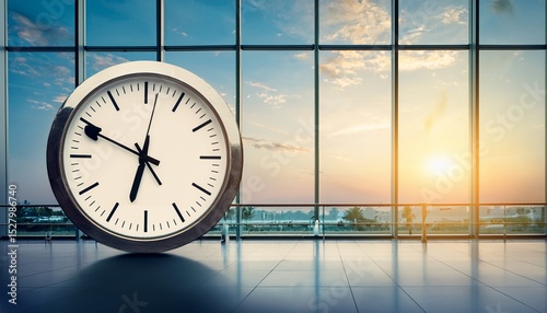 the arrow clock in the airport terminal on the background of windows