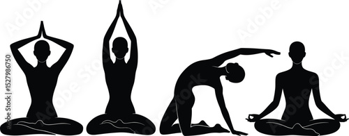 Yoga pose silhouette vector, women in meditation, black yoga shapes, fitness posture illustration, wellness design, exercise, calm, editable art