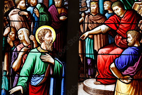 Saint Pierre church.  Stained glass. Saint Paul the Apostle before his judges. Toucy.  France.