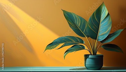 a leafy plant is sitting in a pot on a table in front of a yellow wall