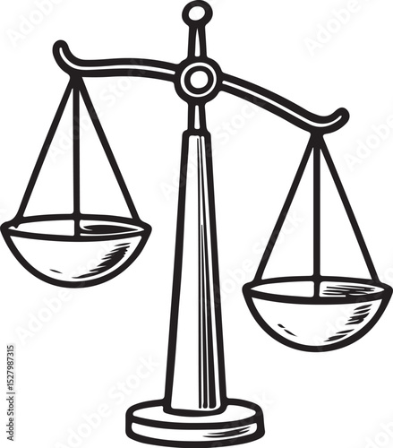 Justice Scales Vector Illustration, Sketch Drawing Line Linear Symbol Icon Engraving Coloring Book, Hand-drawn Black and White Isolated