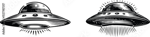 UFO Silhouette Vector Set – Two Unique Black Flying Saucer Illustrations with Distinct Beam Effects for Sci-Fi & Alien Designs