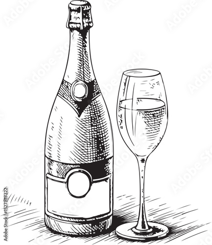 Bottle with Champagne and wine glass Vector Illustration, Sketch Drawing Line Linear Symbol Icon Engraving Coloring Book, Hand-drawn Black and White Isolated